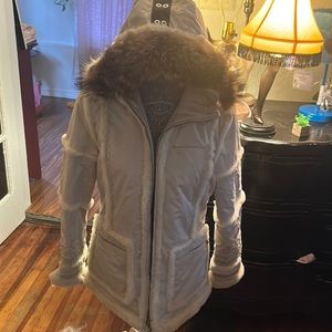 Bogner Women’s Silver White Embellished Coyote Fur Ski Down like new